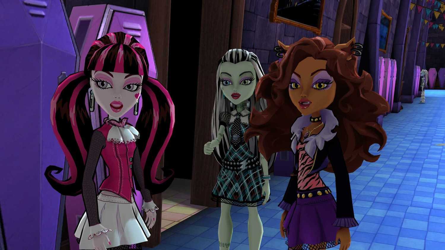 Monster High New Ghoul in School  игра в жанре аркады Сюжет рассказывает о том как девочки пытаются противостоять проклятию из древности в частности препятствуют тому чтобы дух собрал амулет имеющий магические свойства